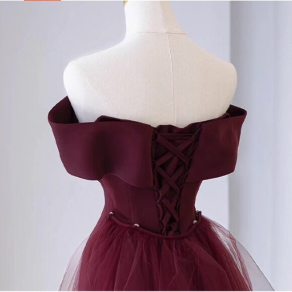 Regal Burgundy Off-Shoulder Mermaid Gown with Corset Back - Picture 11 of 13